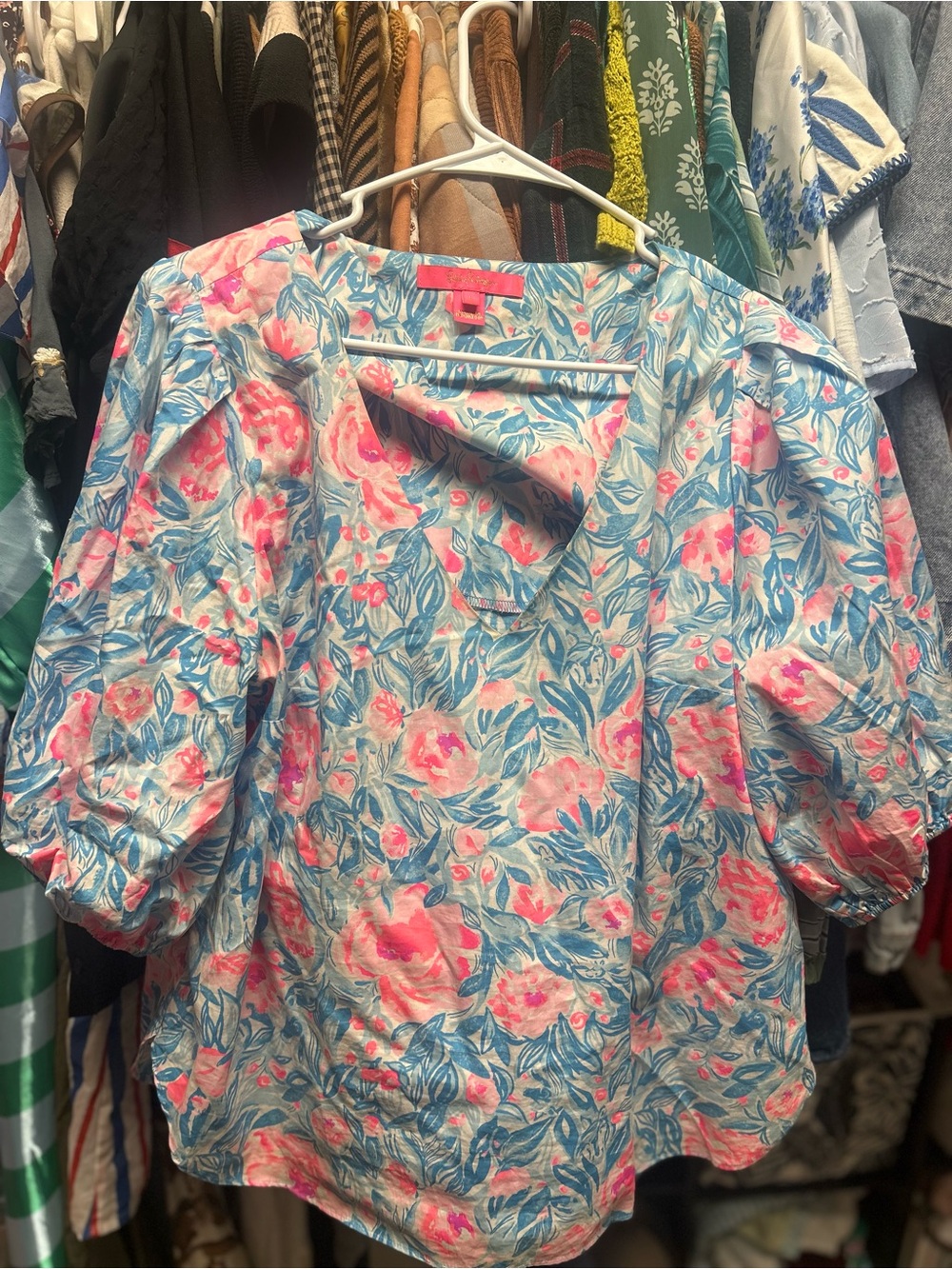 Lilly Pulitzer Pink & Blue Floral Puff-Sleeve Blouse
